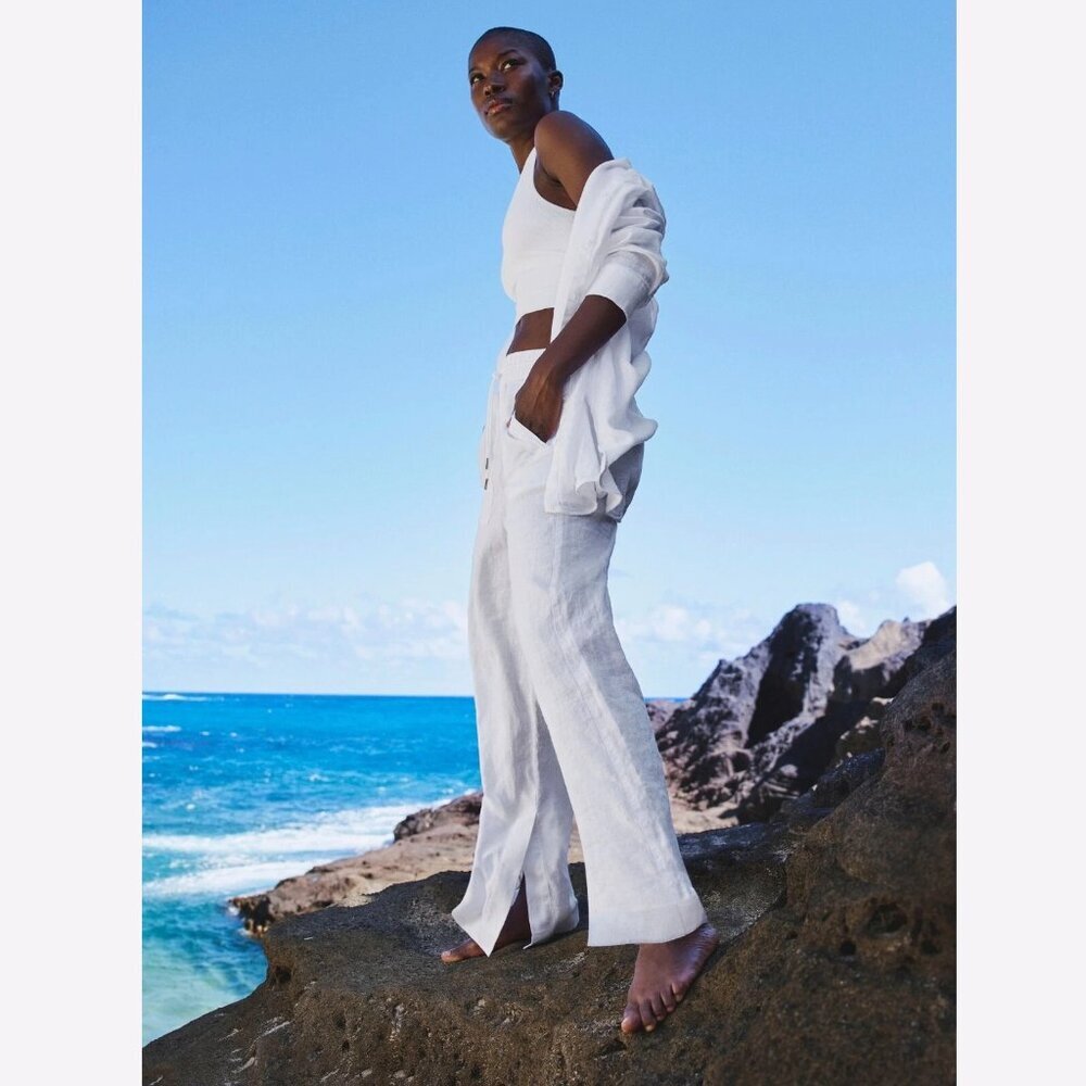 NEW Athleta Cabo Retreat 100% Linen Wide Leg Pants 8 White Lagenlook Beachy